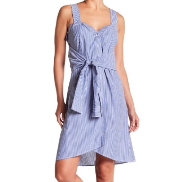 NWT Derek Lam Deconstructed Striped Tie Front Blue Cotton Shirt Dress Size 8 - Picture 1 of 14